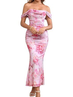 Women's Rose Corset Ruched Off The Shoulder Bodycon Cocktail Maxi Dress